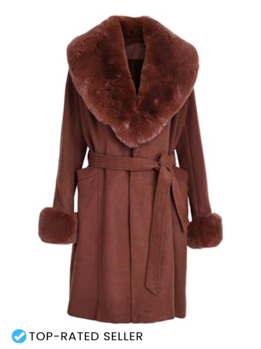 Women's Mid-Long Wool Blend Trench Coat Faux Fur Shawl Collar Belted